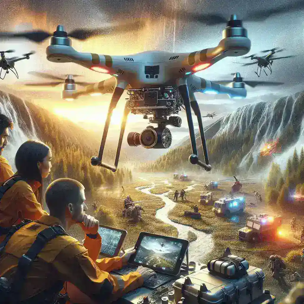 "Drone equipped with thermal imaging technology flying over a search and rescue operation in a forested area, showcasing its role in enhancing emergency response and locating missing persons."
