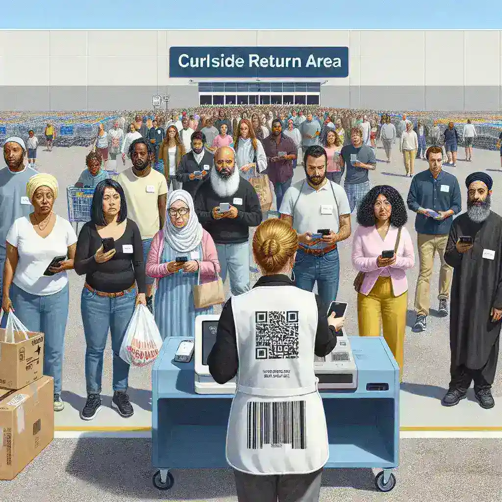 "Big box retailer employee processing curbside returns using RFID technology for instant refunds, showcasing the convenience and efficiency of modern retail customer service."