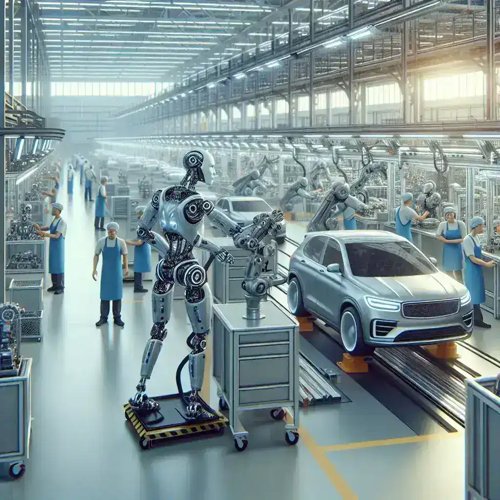 "Tesla humanoid robot working alongside factory workers at Fremont Plant, showcasing advanced automation in manufacturing."