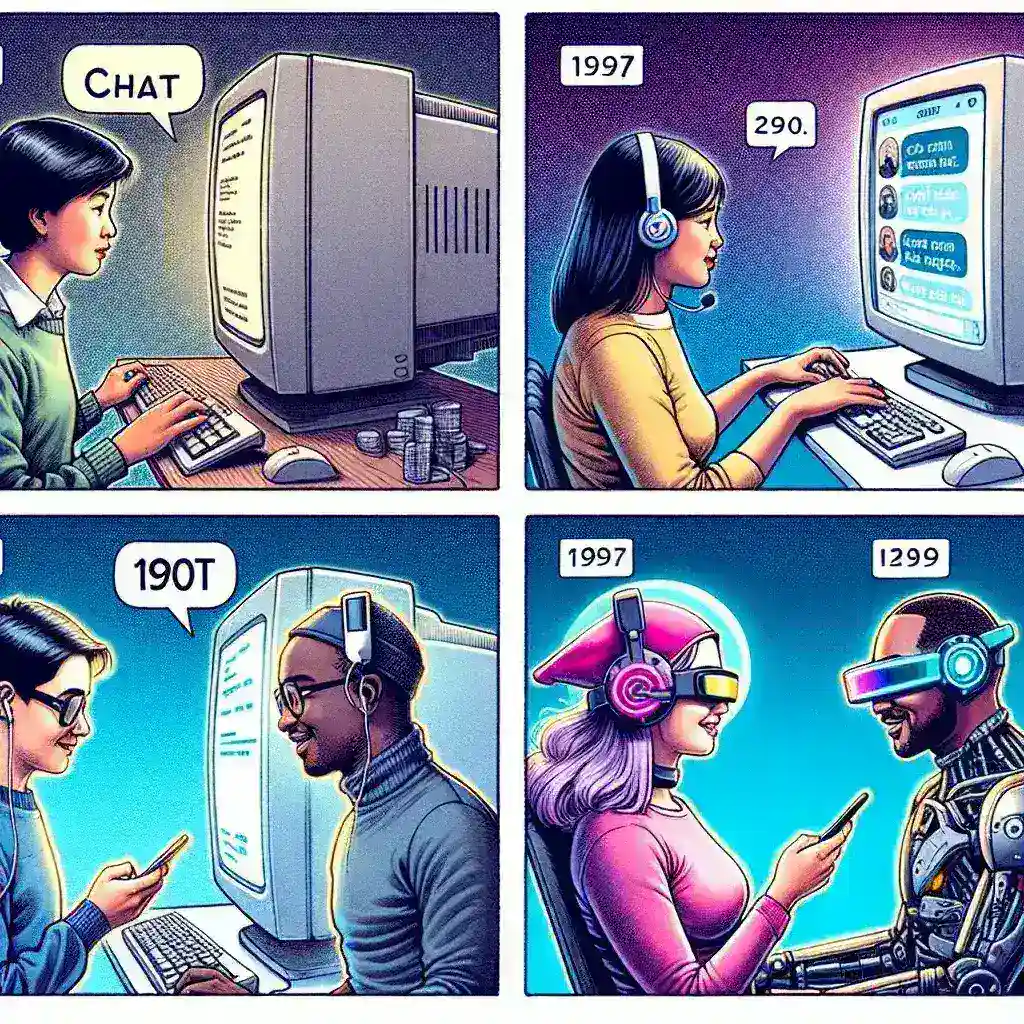"Infographic depicting the evolution of chat technology showcasing transitions from text-based communication to voice interactions and future advancements in AI-driven conversational interfaces."