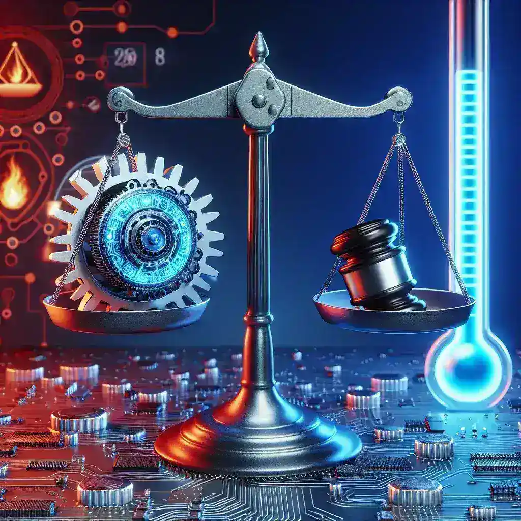 "AI innovators in a dynamic workshop discussing compliance and regulations; showcasing the balance between technological advancement and legal frameworks in the context of AI development."