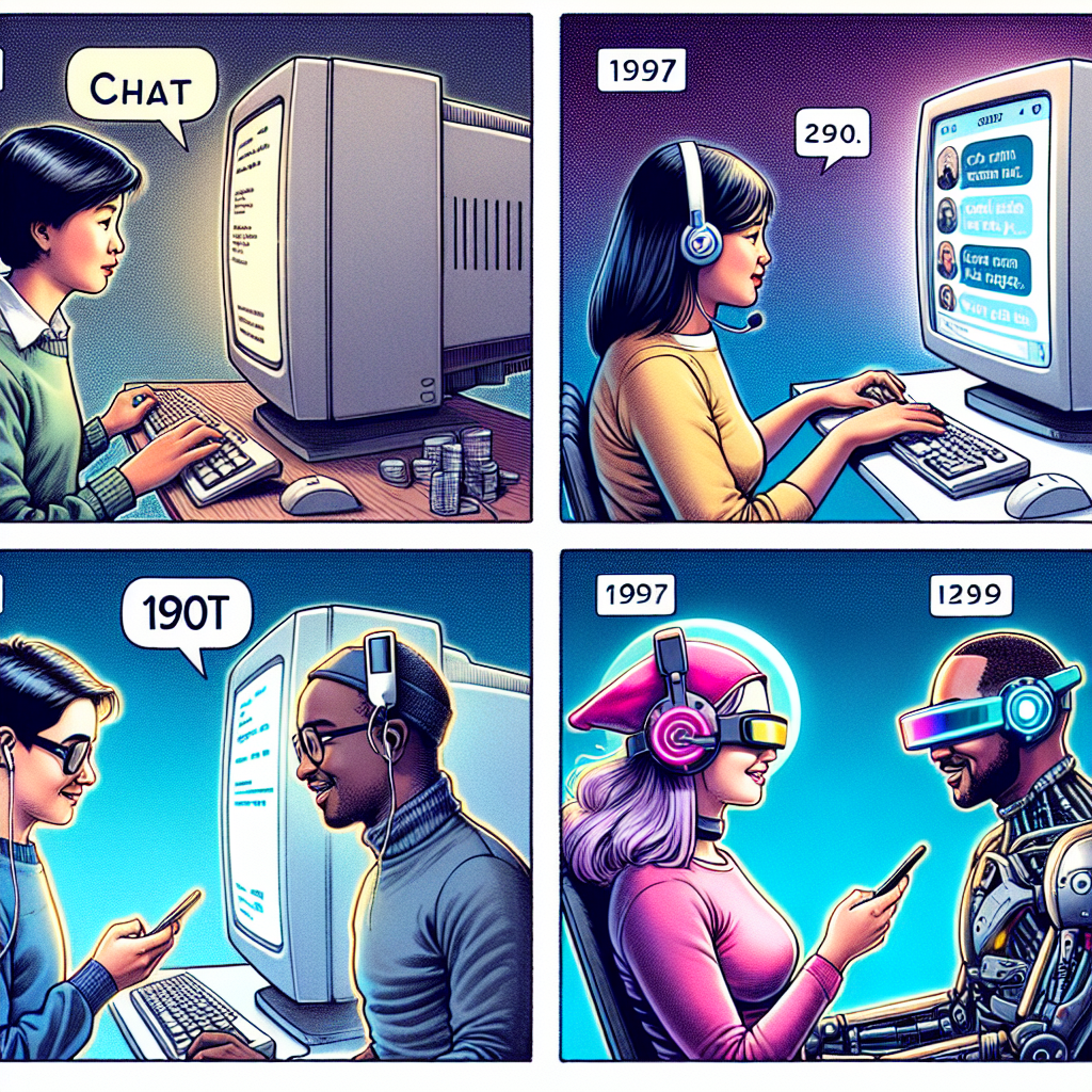 "Infographic depicting the evolution of chat technology showcasing transitions from text-based communication to voice interactions and future advancements in AI-driven conversational interfaces."