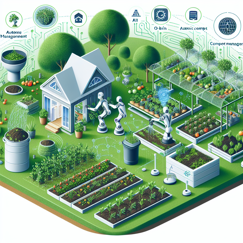 "Automated Eco-Space showcasing a modern home garden integrated with AI-driven compost management technology, featuring lush greenery, intelligent sensors, and a user-friendly interface for sustainable gardening solutions."