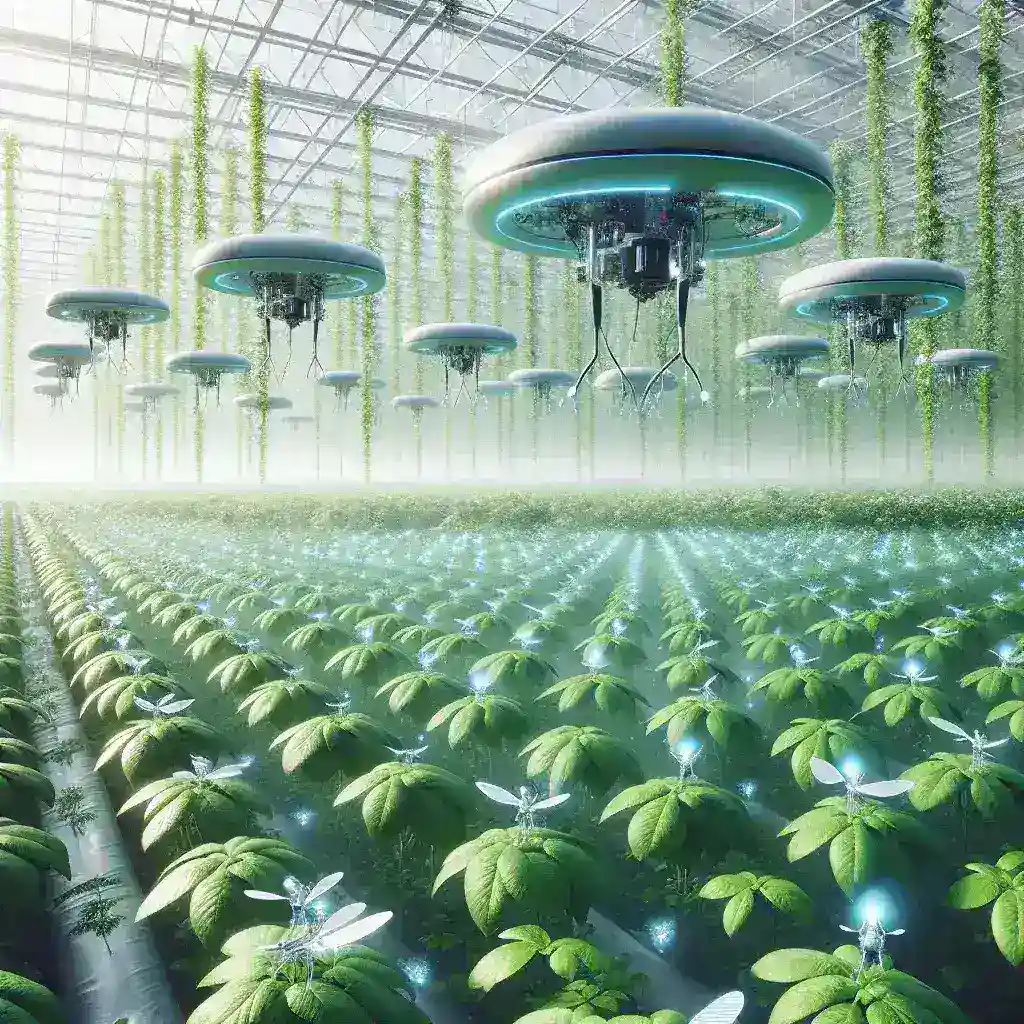 Alt text: "AI-powered botany drone hovering over an indoor greenhouse plant, showcasing its advanced pollination technology in action."