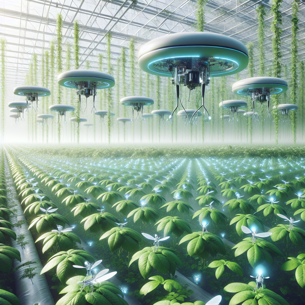 Alt text: "AI-powered botany drone hovering over an indoor greenhouse plant, showcasing its advanced pollination technology in action."